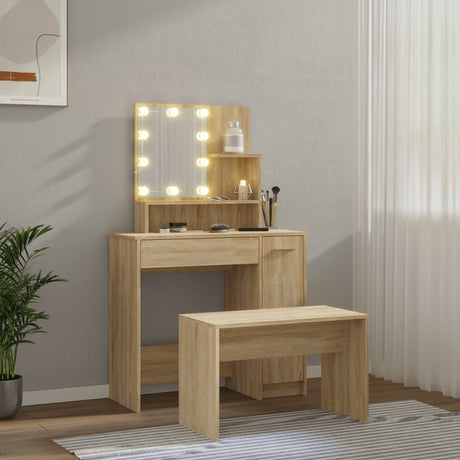 Dressing Table Set With Led Engineered Wood