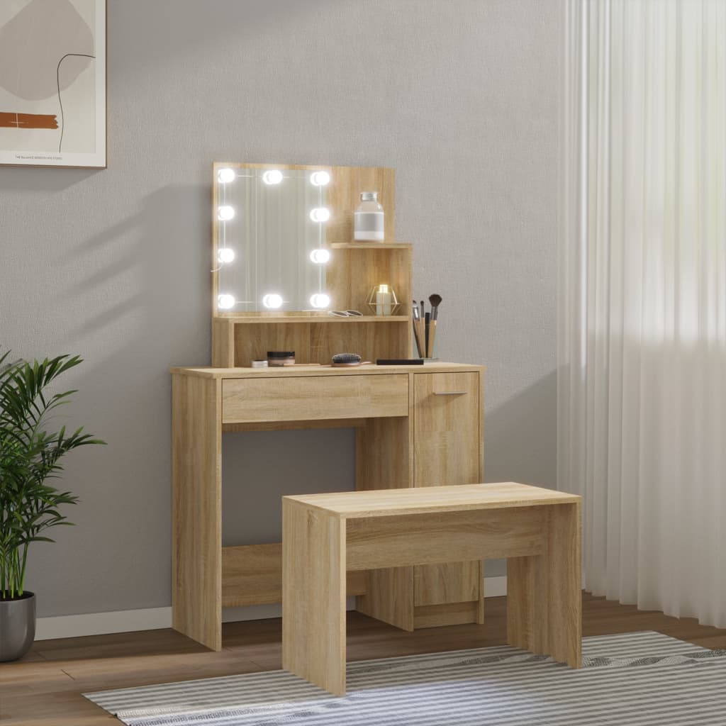 Dressing Table Set With Led Engineered Wood