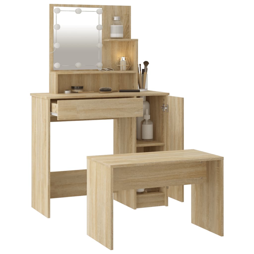 Dressing Table Set With Led Engineered Wood