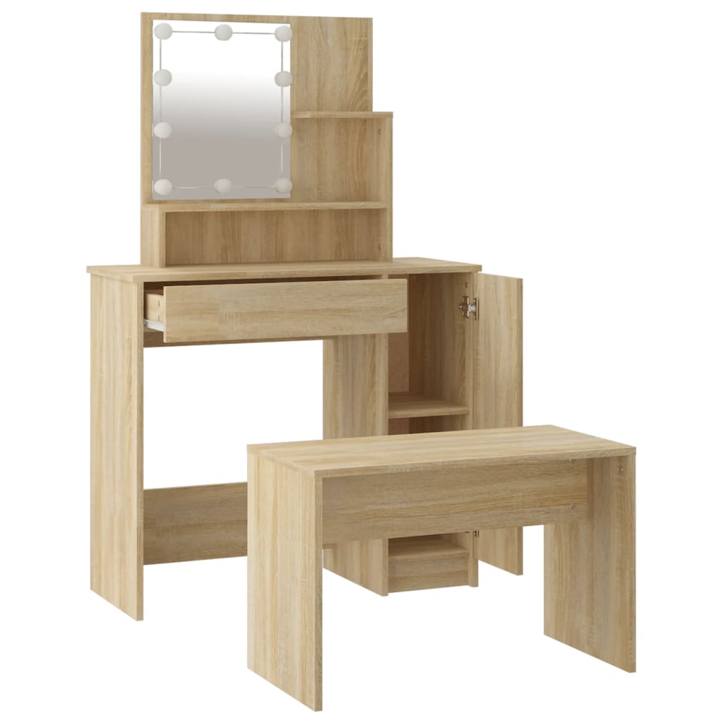 Dressing Table Set With Led Engineered Wood
