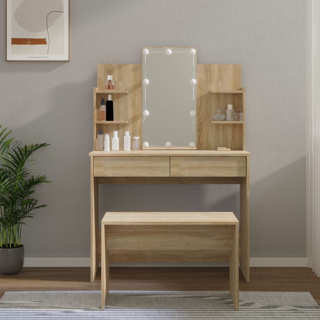 Dressing Table Set With Led Engineered Wood