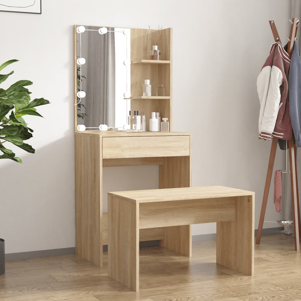 Dressing Table Set With Led Engineered Wood