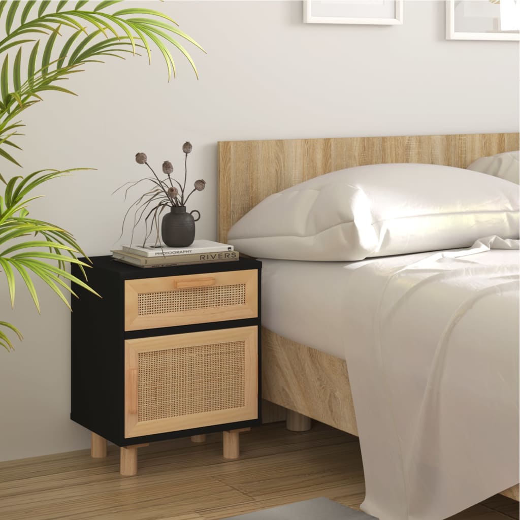 Bedside Cabinets 2 Pcs Solid Wood Pine And Natural Rattan
