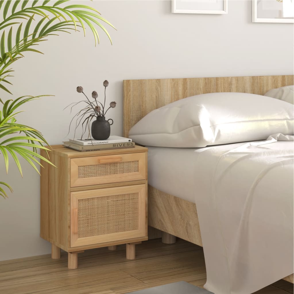 Bedside Cabinets 2 Pcs Solid Wood Pine And Natural Rattan