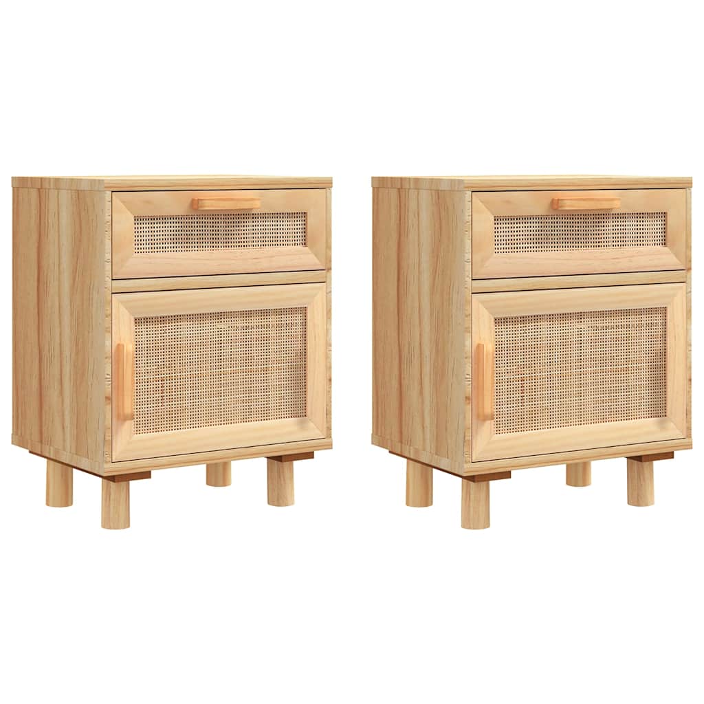Bedside Cabinets 2 Pcs Solid Wood Pine And Natural Rattan
