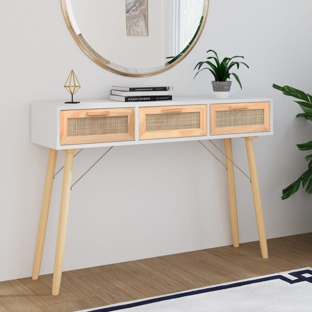 Console Table 105X30X75 Cm Solid Wood Pine&Natural Rattan