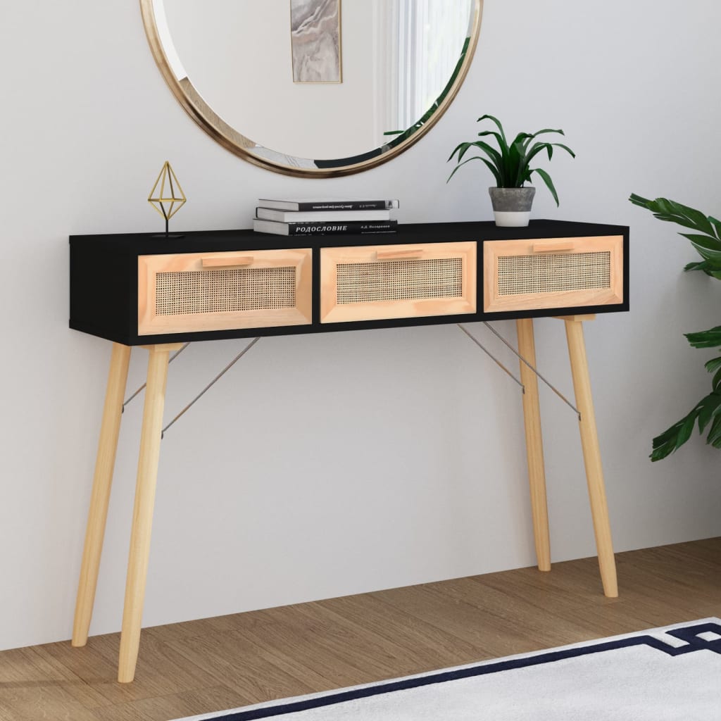 Console Table 105X30X75 Cm Solid Wood Pine&Natural Rattan