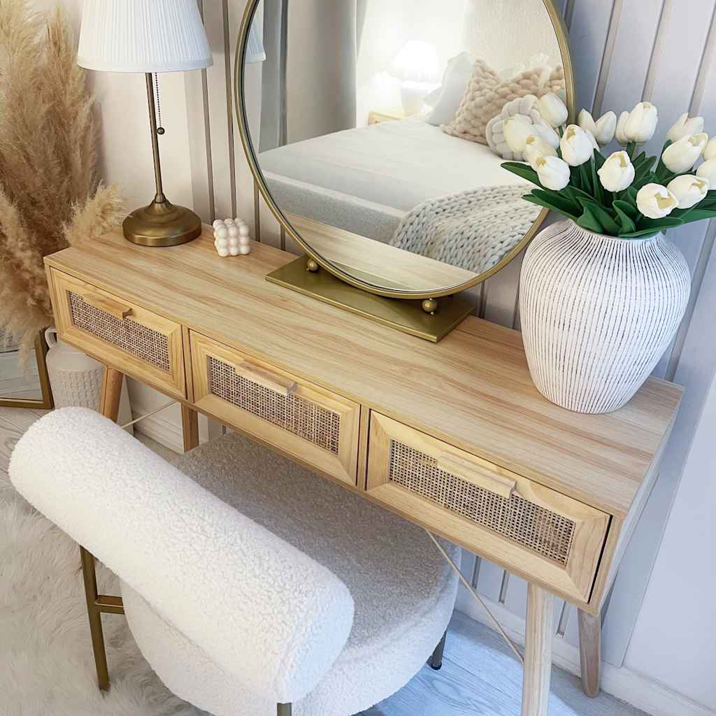 Console Table 105X30X75 Cm Solid Wood Pine&Natural Rattan