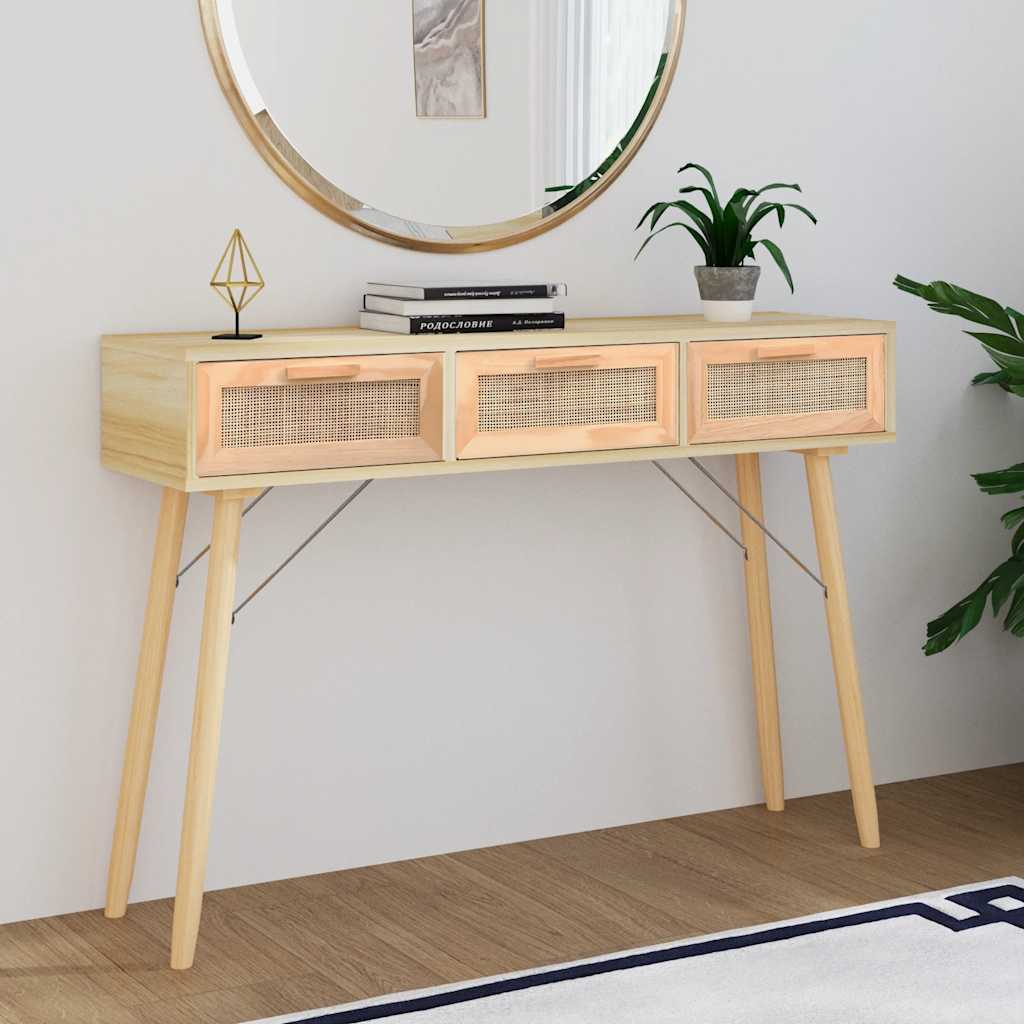 Console Table 105X30X75 Cm Solid Wood Pine&Natural Rattan
