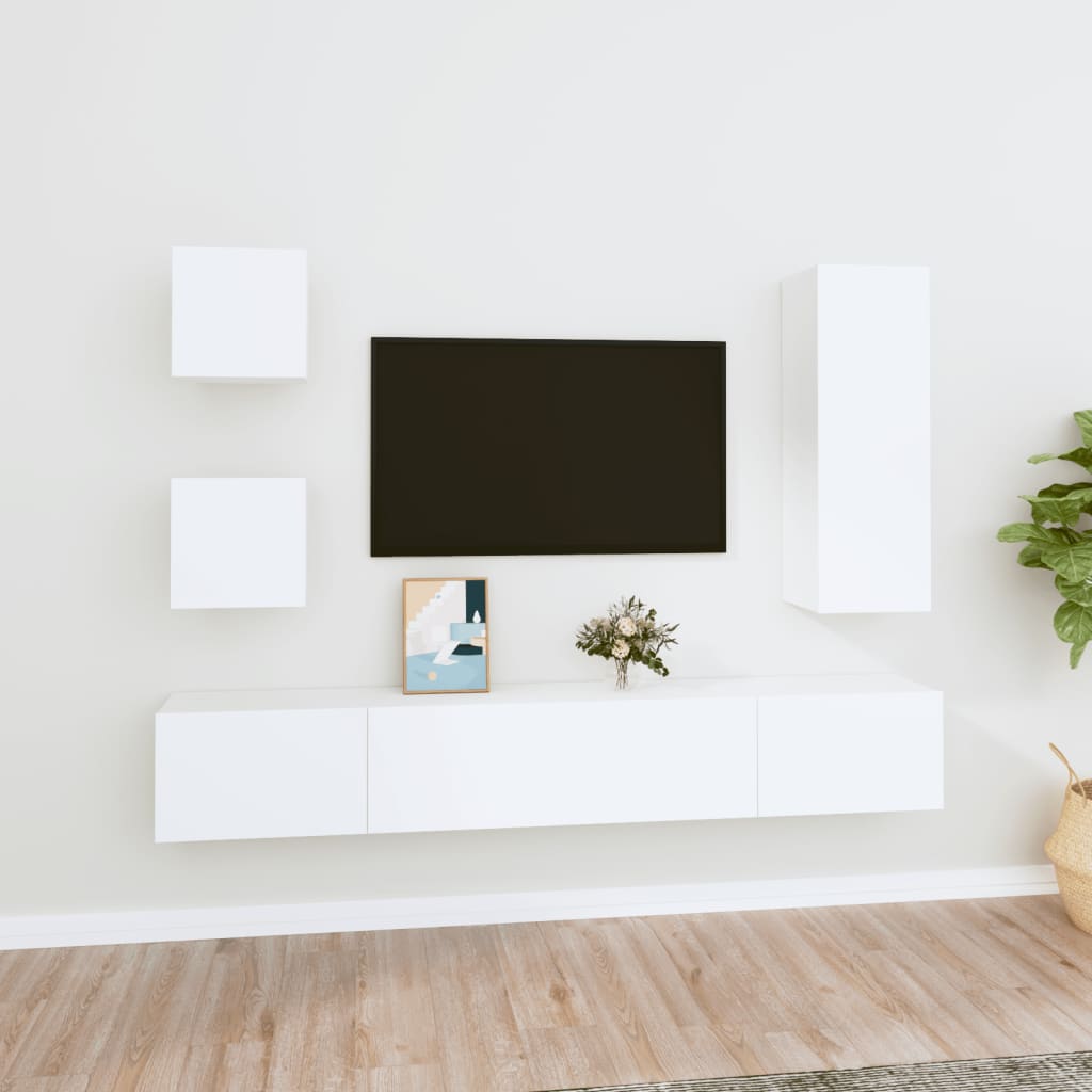 5 Piece Tv Cabinet Set White Engineered Wood