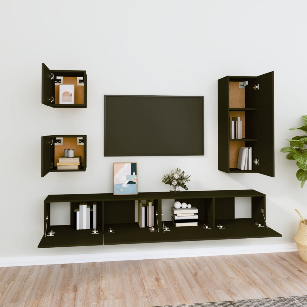 5 Piece Tv Cabinet Set Black Engineered Wood