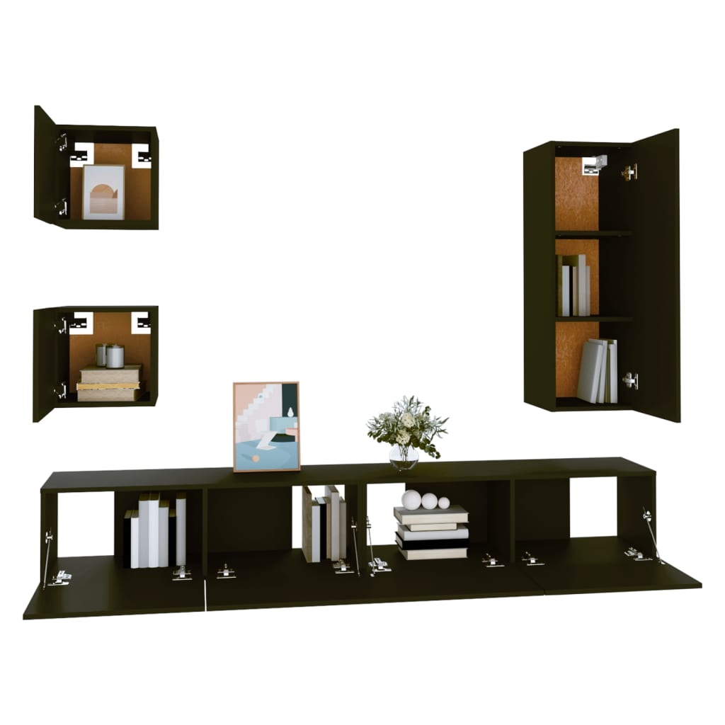 5 Piece Tv Cabinet Set Black Engineered Wood