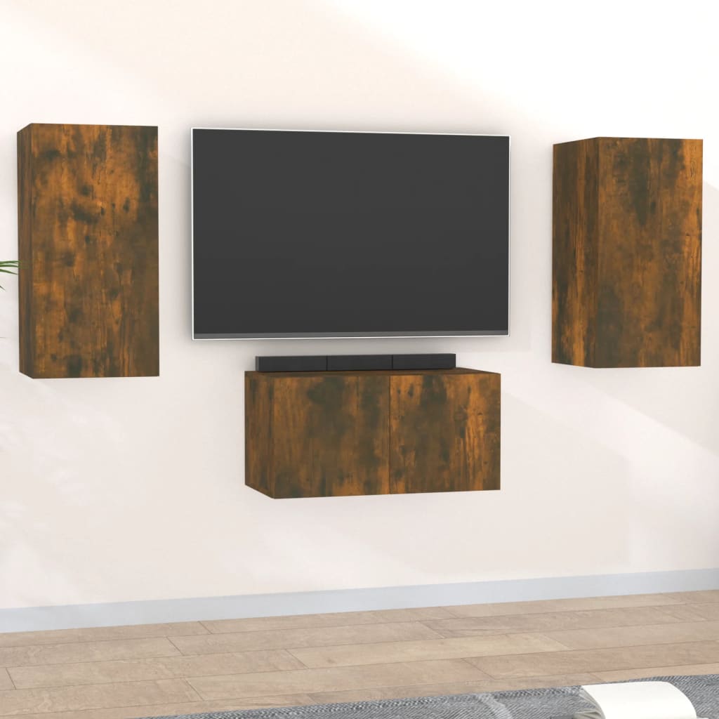 3 Piece Tv Cabinet Set Wall-Mounted Engineered Wood,  Tv Stand 80X30X30 Cm Made Of Engineered Wood,  Wall-Mounted Tv Cabinets - 2 Pcs , 30.5X30X90 Cm, Made From Engineered Wood