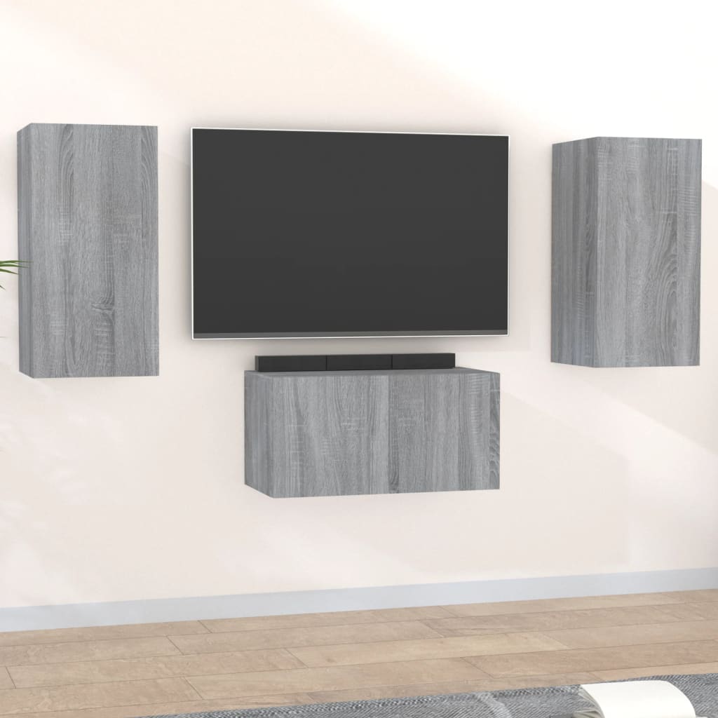 3 Piece Tv Cabinet Set Wall-Mounted Engineered Wood,  Tv Stand 80X30X30 Cm Made Of Engineered Wood,  Wall-Mounted Tv Cabinets - 2 Pcs , 30.5X30X90 Cm, Made From Engineered Wood