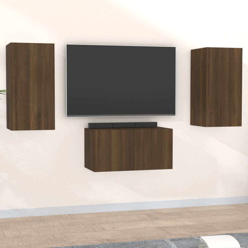 3 Piece Tv Cabinet Set Wall-Mounted Engineered Wood,  Tv Stand 80X30X30 Cm Made Of Engineered Wood,  Wall-Mounted Tv Cabinets - 2 Pcs , 30.5X30X90 Cm, Made From Engineered Wood