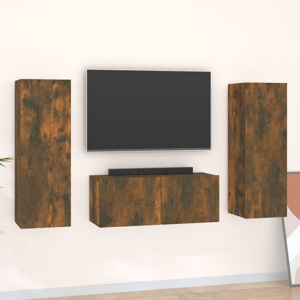 3 Piece Tv Cabinet Set Wall-Mounted Engineered Wood,  Tv Stand 80X30X30 Cm Made Of Engineered Wood,  Wall-Mounted Tv Cabinets - 2 Pcs , 30.5X30X90 Cm, Made From Engineered Wood