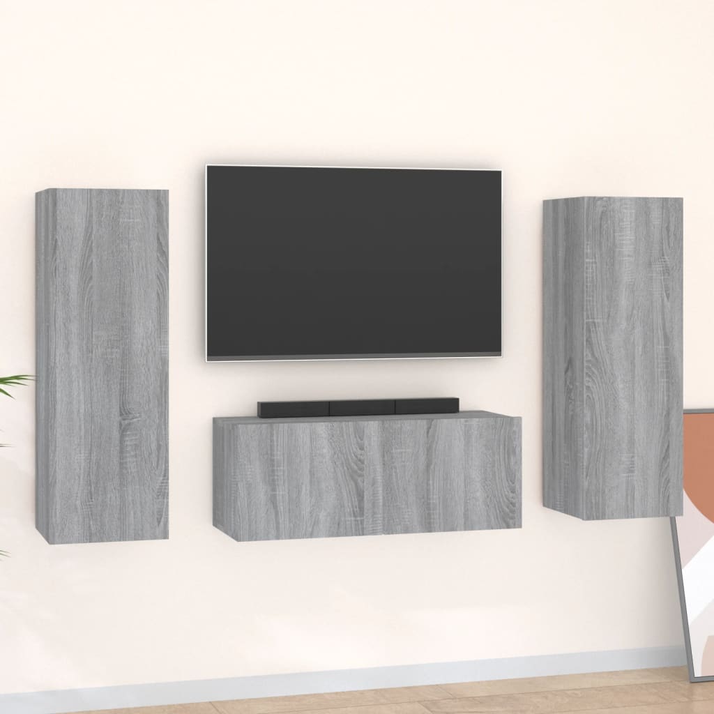 3 Piece Tv Cabinet Set Wall-Mounted Engineered Wood,  Tv Stand 80X30X30 Cm Made Of Engineered Wood,  Wall-Mounted Tv Cabinets - 2 Pcs , 30.5X30X90 Cm, Made From Engineered Wood