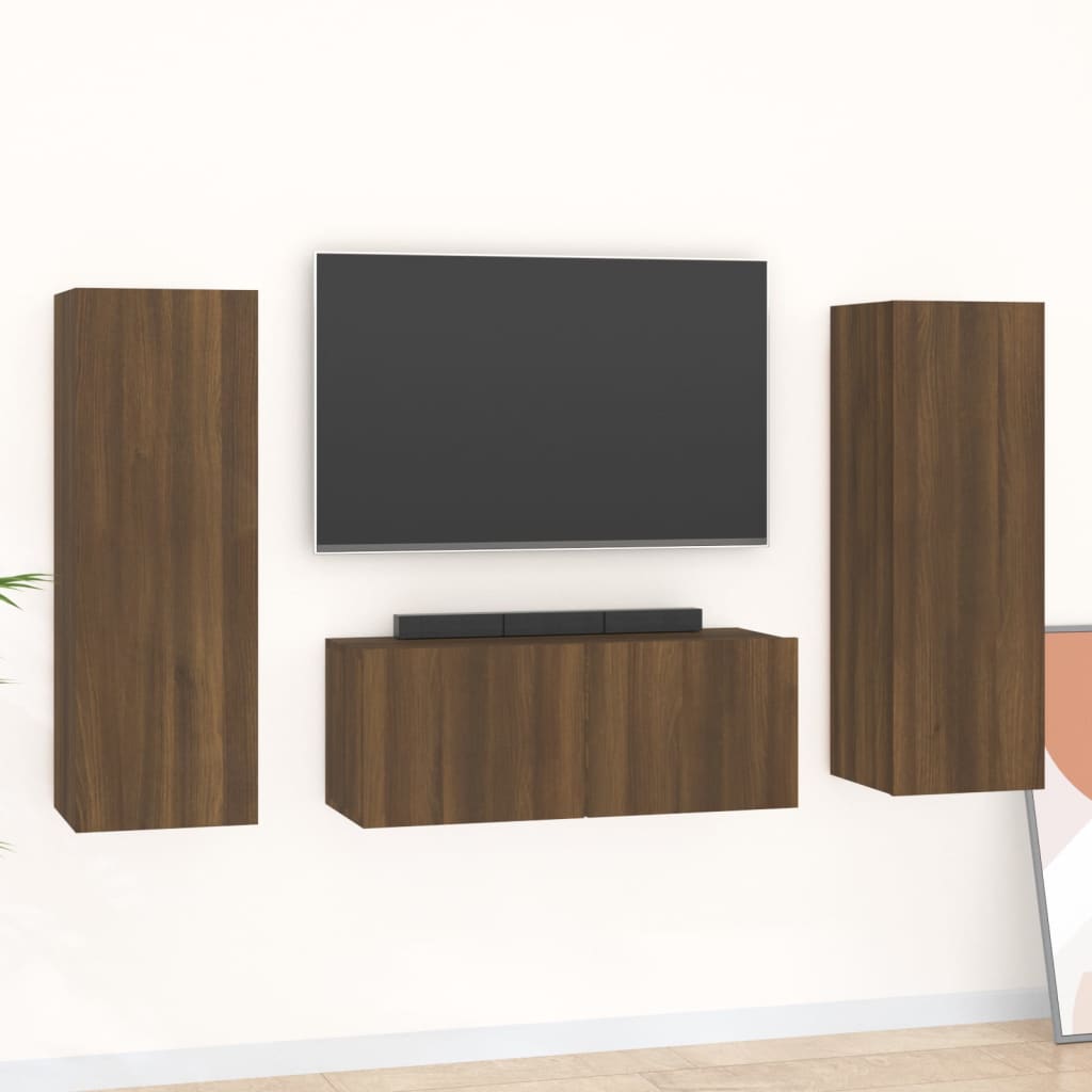 3 Piece Tv Cabinet Set Wall-Mounted Engineered Wood,  Tv Stand 80X30X30 Cm Made Of Engineered Wood,  Wall-Mounted Tv Cabinets - 2 Pcs , 30.5X30X90 Cm, Made From Engineered Wood