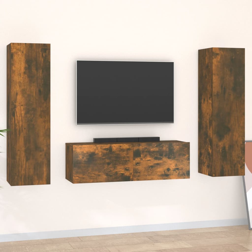 3 Piece Tv Cabinet Set Wall-Mounted Engineered Wood,  Tv Stand 80X30X30 Cm Made Of Engineered Wood,  Wall-Mounted Tv Cabinets - 2 Pcs , 30.5X30X90 Cm, Made From Engineered Wood
