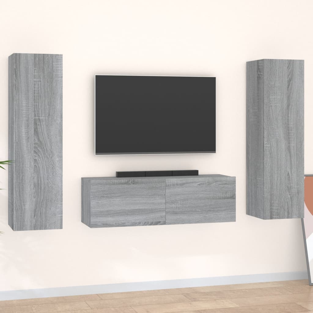 3 Piece Tv Cabinet Set Wall-Mounted Engineered Wood,  Tv Stand 80X30X30 Cm Made Of Engineered Wood,  Wall-Mounted Tv Cabinets - 2 Pcs , 30.5X30X90 Cm, Made From Engineered Wood