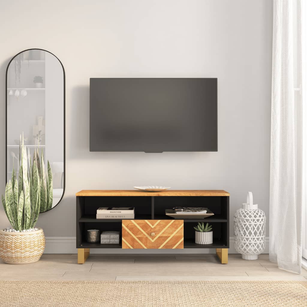 Tv Cabinet Brown And Black 100X33.5X46 Cm Solid Wood Mango
