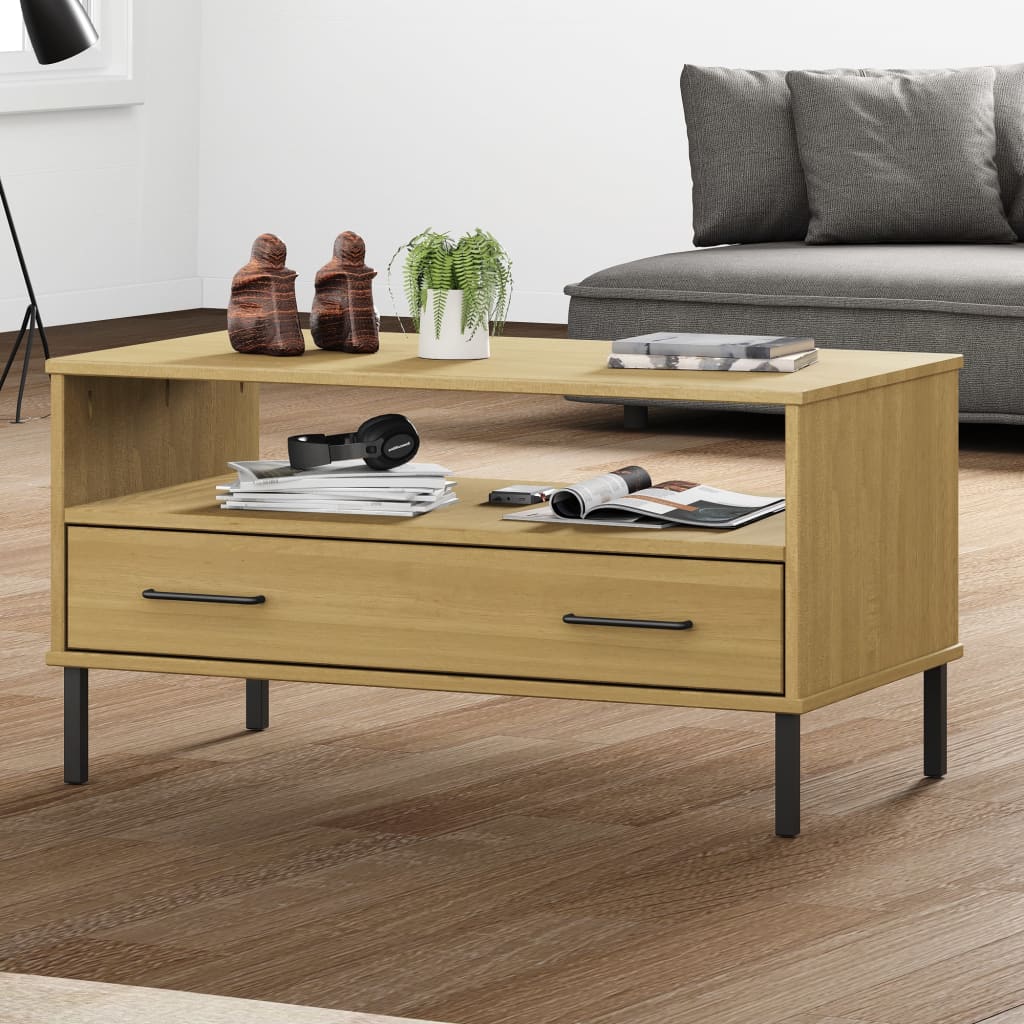 Coffee Table With Metal Legs 85X50X45Cm Solid Wood Oslo