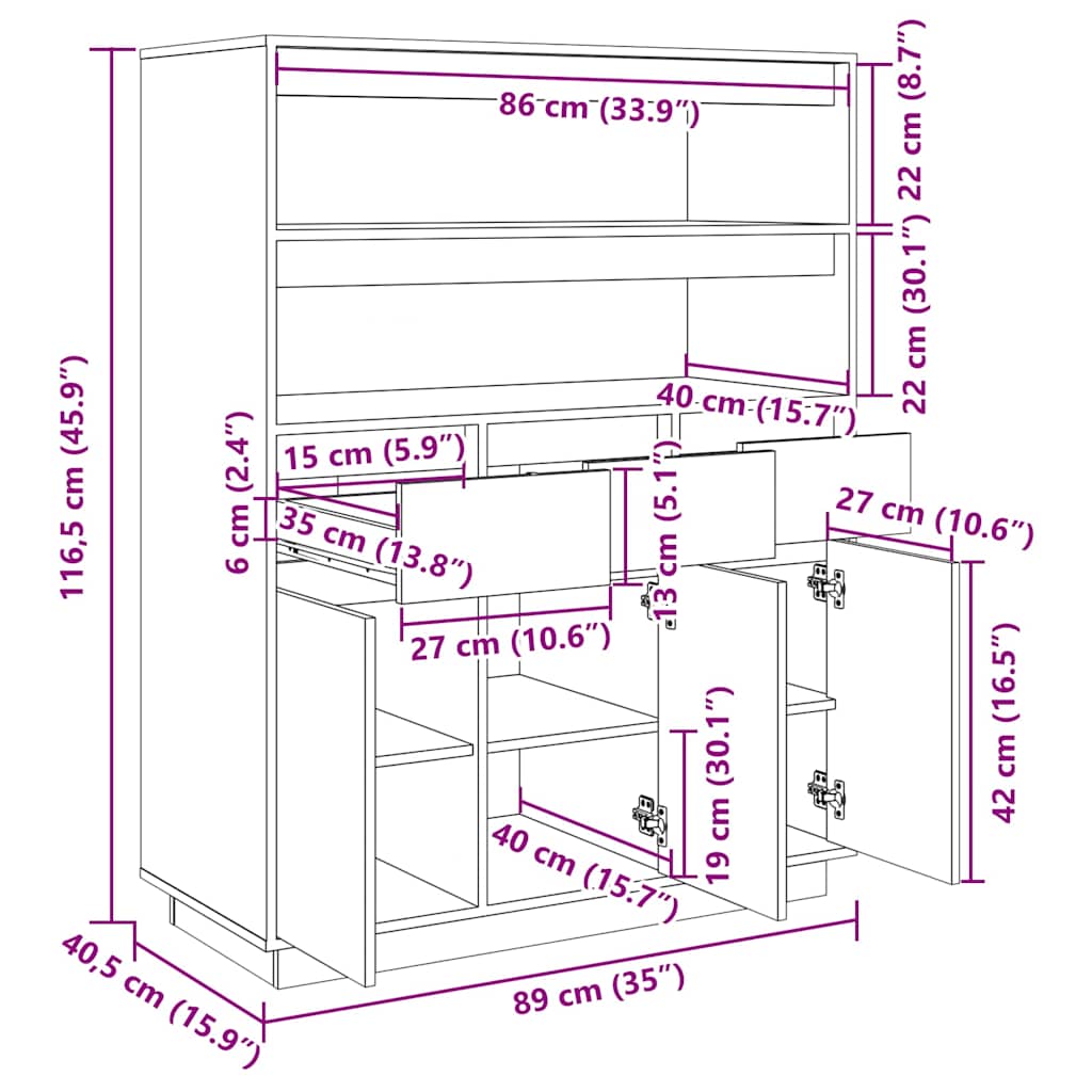 Highboard 89X40X116.5 Cm Solid Wood Pine