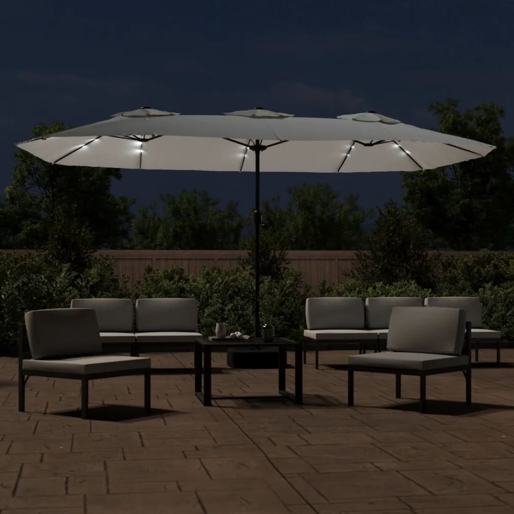 Double-Head Garden Parasol With Leds Sand 449X245 Cm