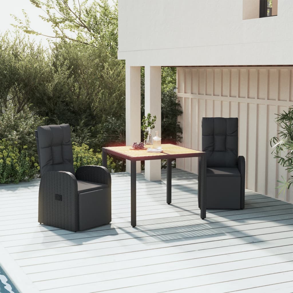5 Piece Garden Dining Set Black Poly Rattan&Solid Wood Acacia