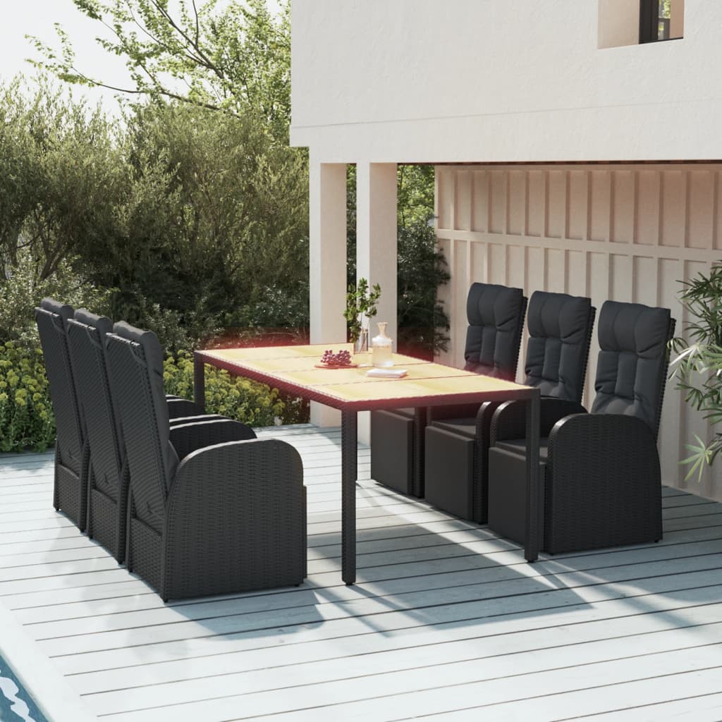 5 Piece Garden Dining Set Black Poly Rattan&Solid Wood Acacia