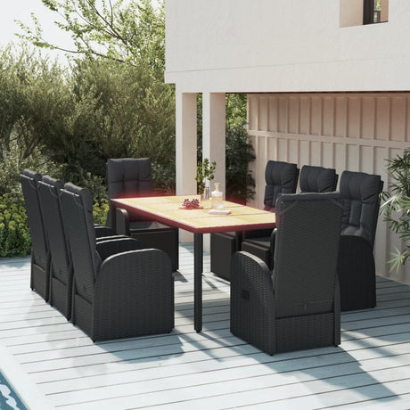 5 Piece Garden Dining Set Black Poly Rattan&Solid Wood Acacia