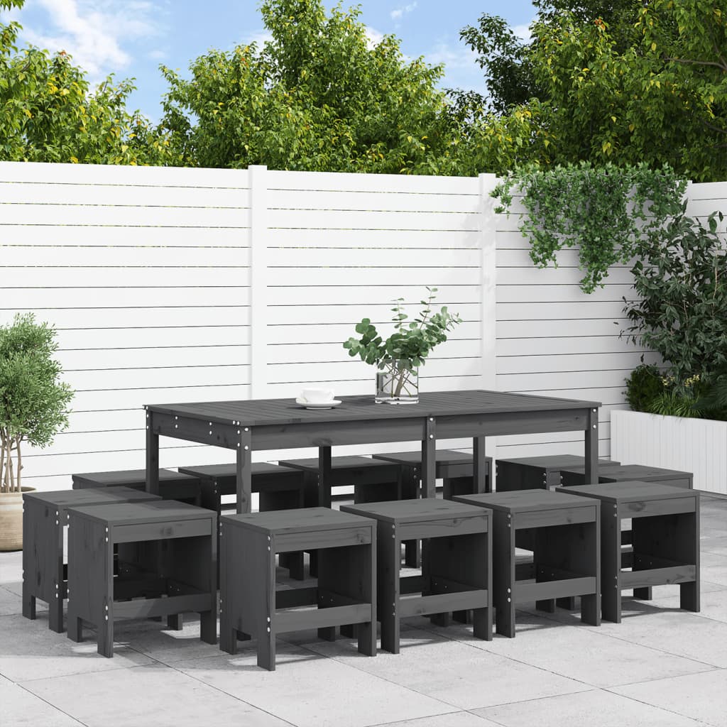 13 Piece Garden Dining Set Black Solid Wood Pine