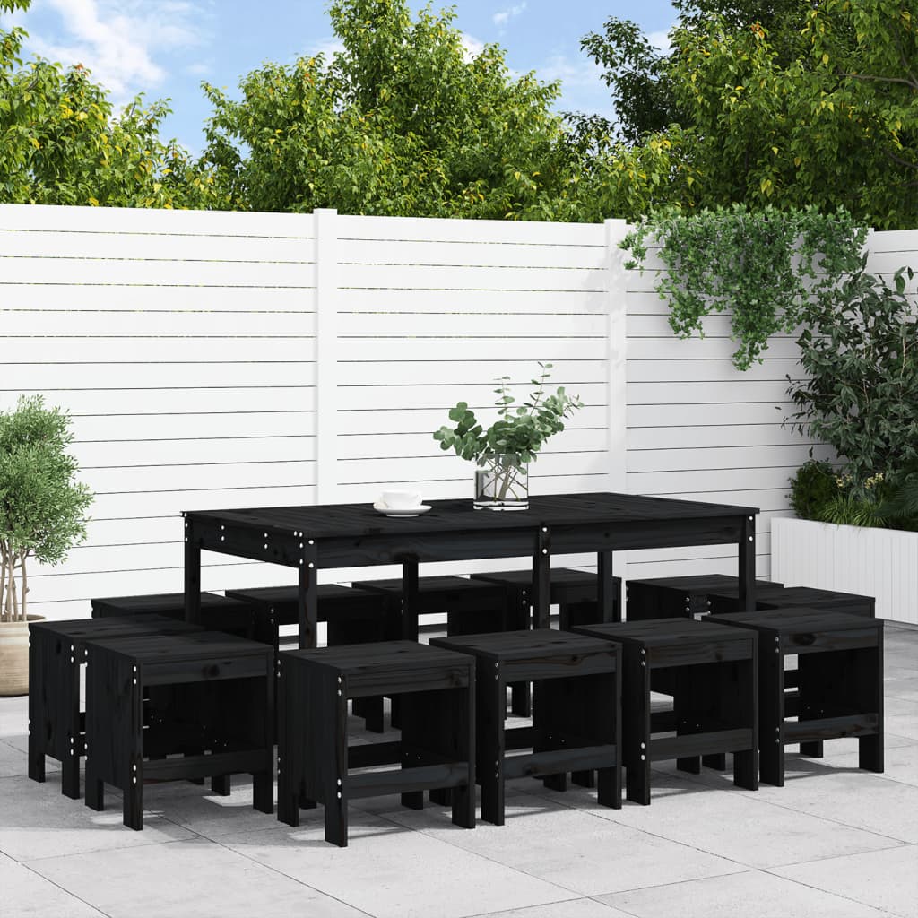 13 Piece Garden Dining Set Black Solid Wood Pine