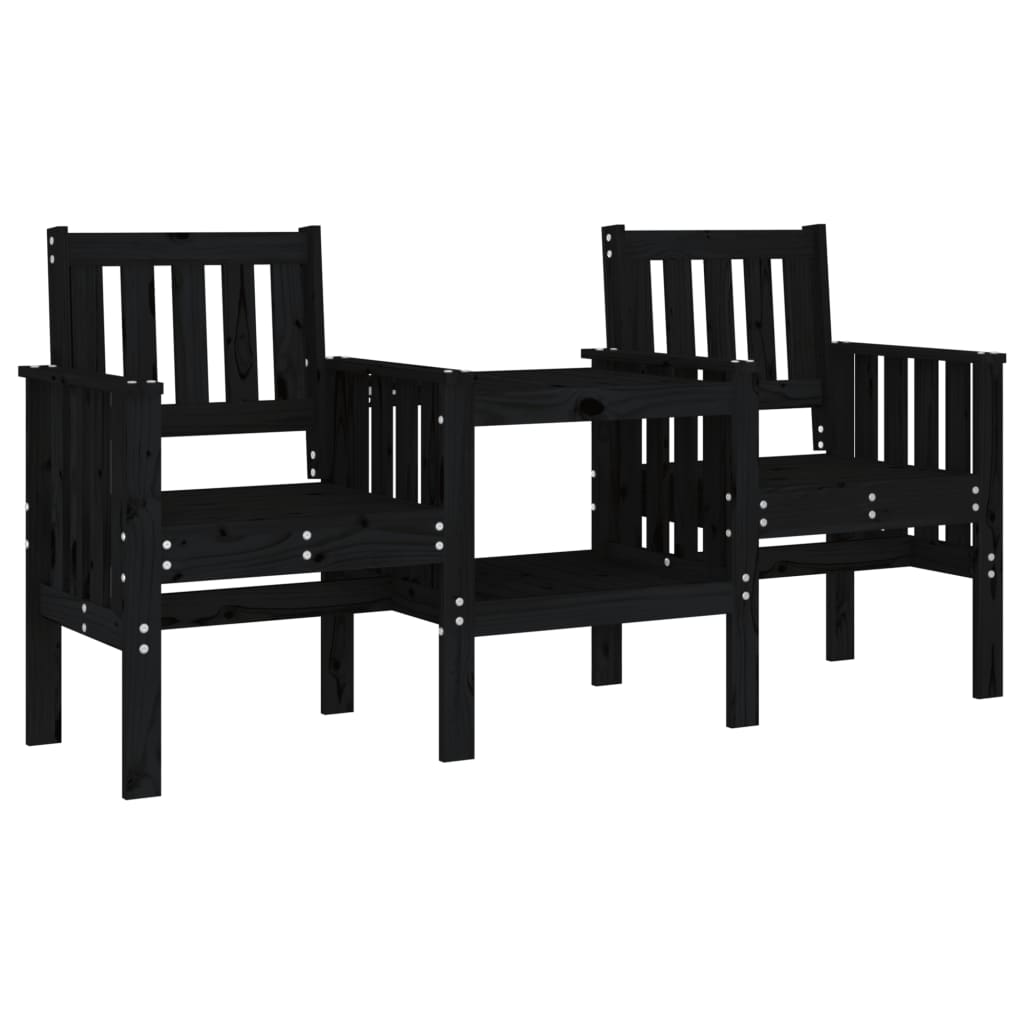 Garden Bench With Table 2-Seater Black Solid Wood Pine