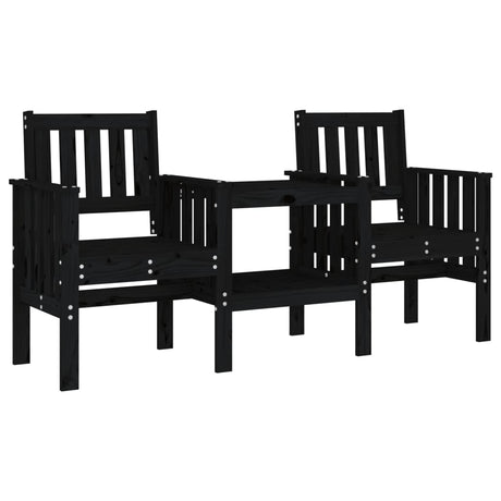Garden Bench With Table 2-Seater Black Solid Wood Pine