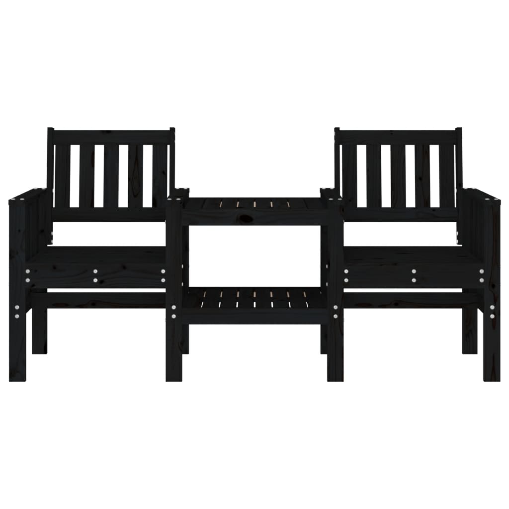 Garden Bench With Table 2-Seater Black Solid Wood Pine
