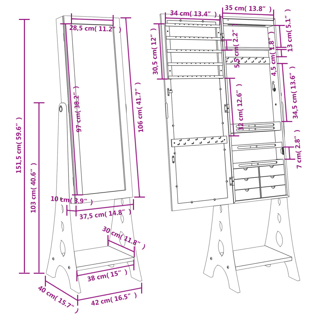 Mirror Jewellery Cabinet With Led Lights Free Standing