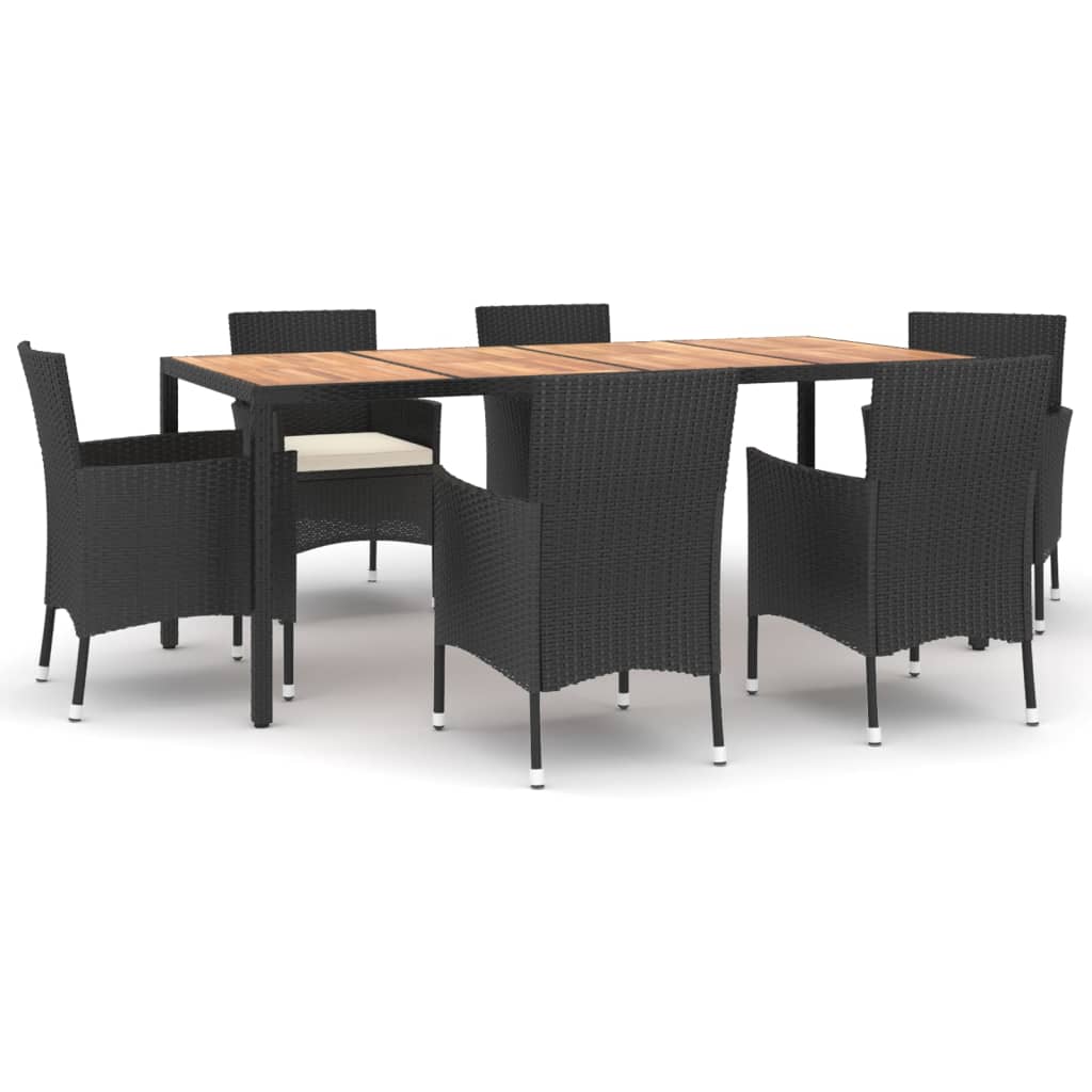 7 Piece Garden Dining Set With Cushions Black Poly Rattan