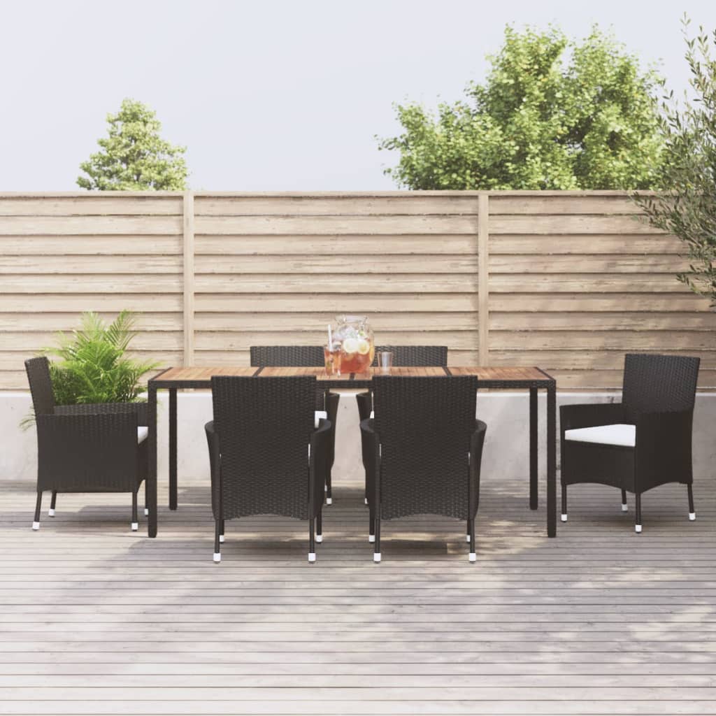 7 Piece Garden Dining Set With Cushions Black Poly Rattan