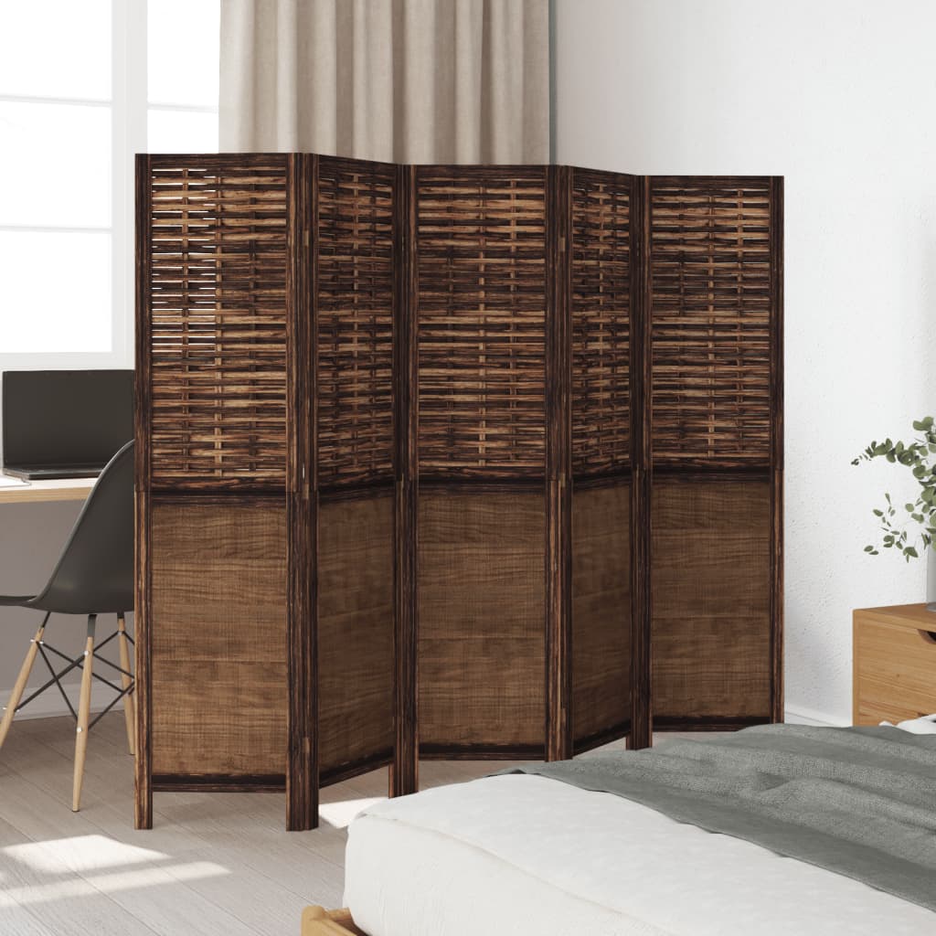Room Divider 5 Panels Dark Brown Solid Wood Paulownia