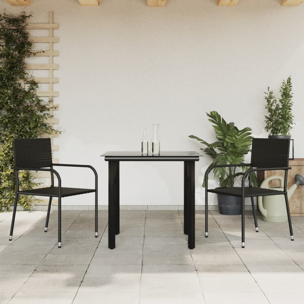 3 Piece Garden Dining Set Black Poly Rattan And Steel