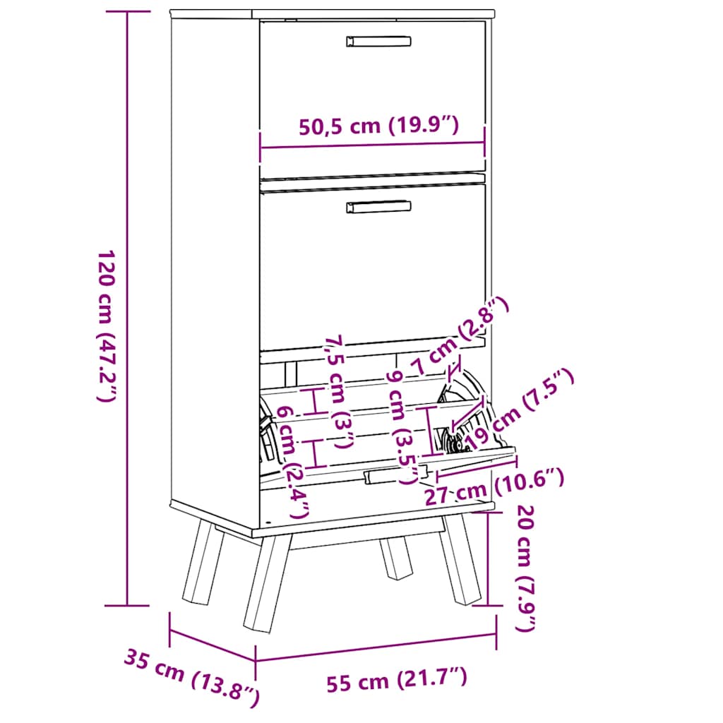 Shoe Cabinet Olden 55X35X120Cm Solid Wood Pine