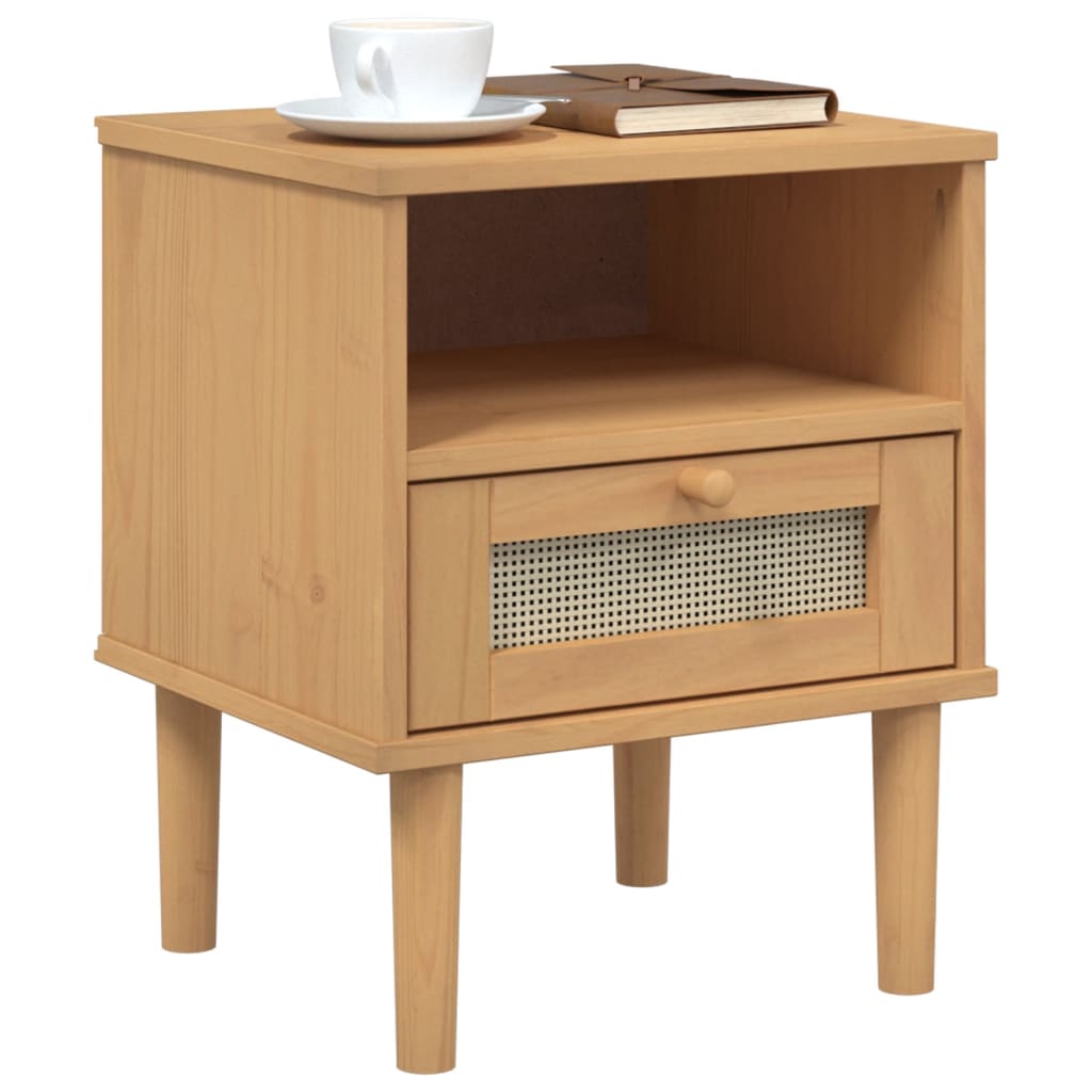 Bedside Cabinet Senja Rattan Look 40X35X48 Cm Solid Wood Pine
