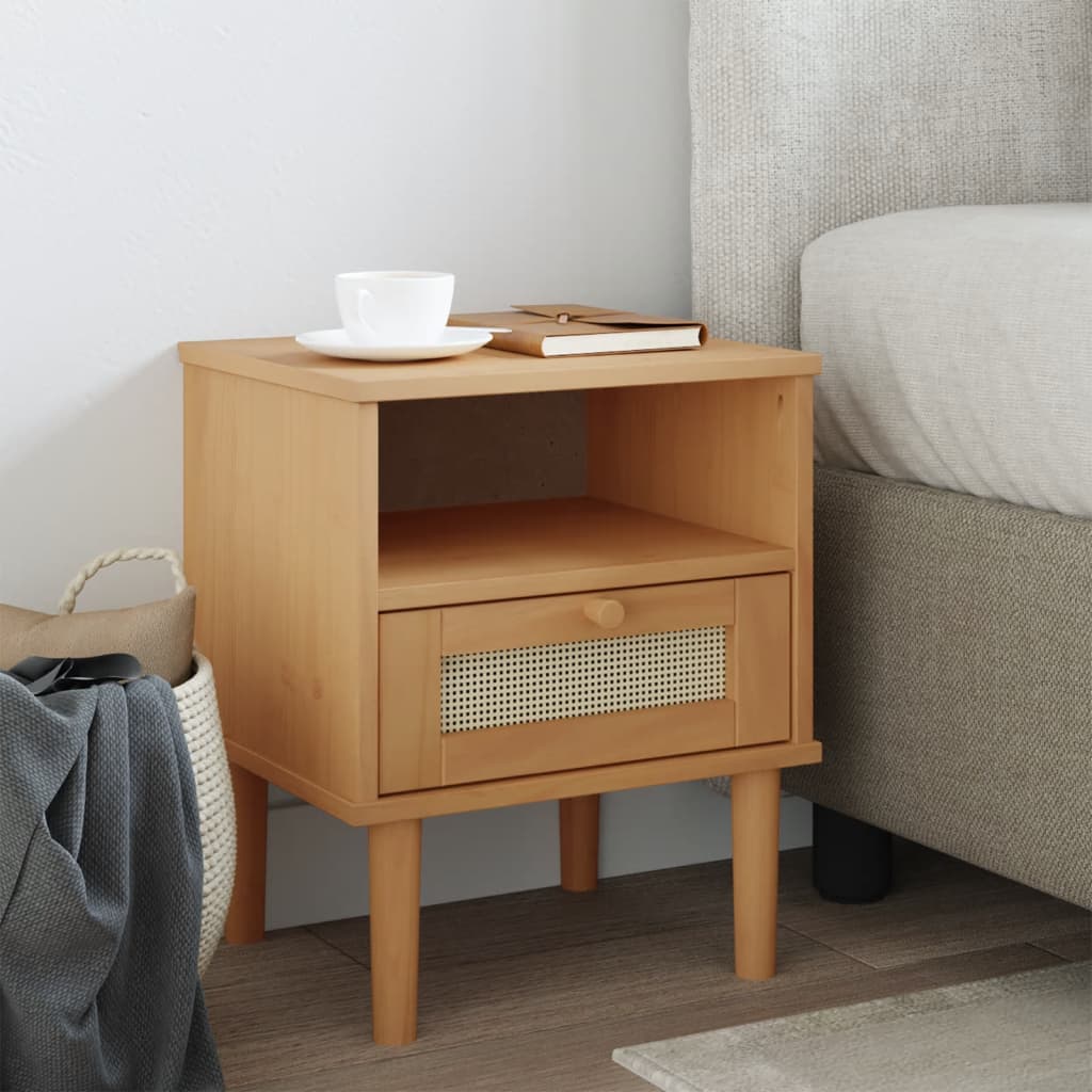 Bedside Cabinet Senja Rattan Look 40X35X48 Cm Solid Wood Pine