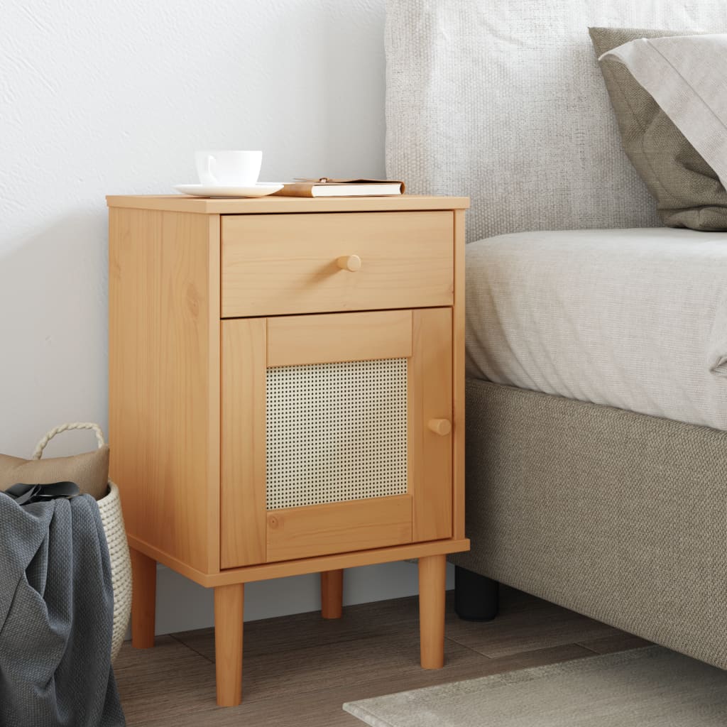 Bedside Cabinet Senja Rattan Look 40X35X65 Cm Solid Wood Pine