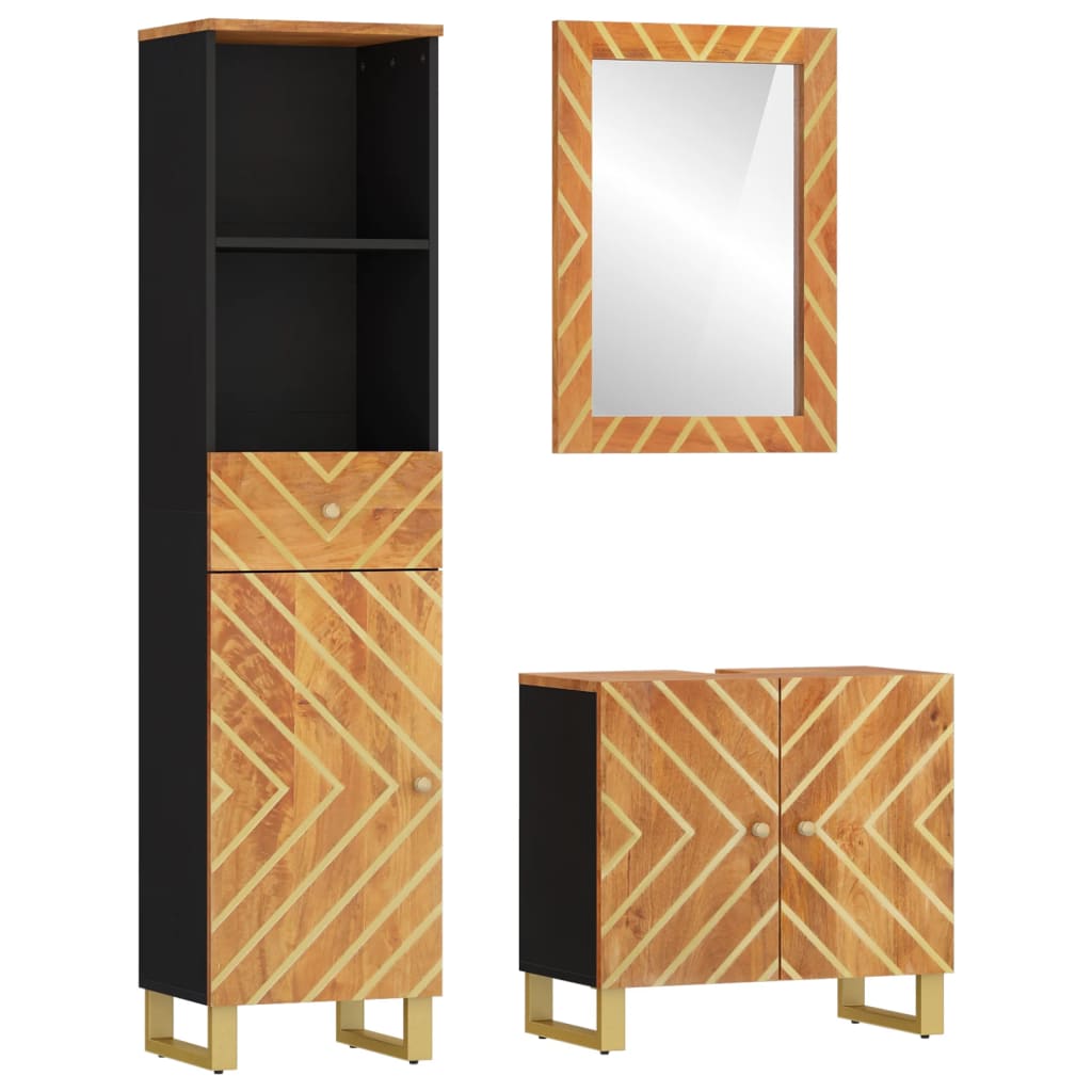 3 Piece Bathroom Cabinet Set Brown And Black Solid Wood Mango