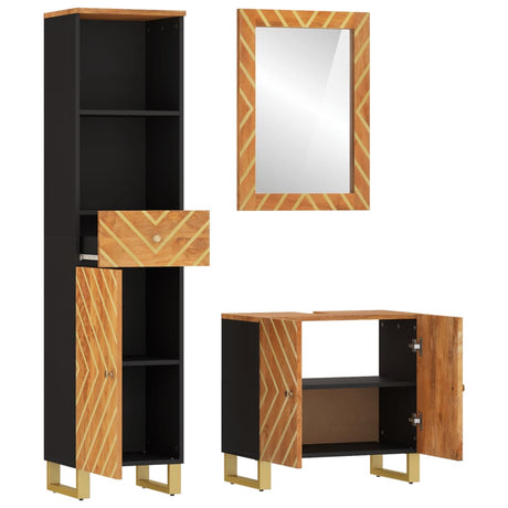 3 Piece Bathroom Cabinet Set Brown And Black Solid Wood Mango