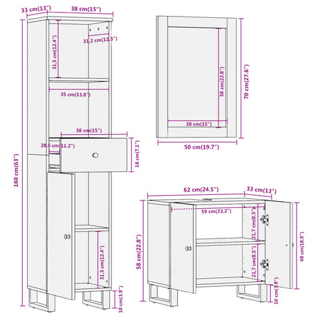 3 Piece Bathroom Cabinet Set Brown And Black Solid Wood Mango
