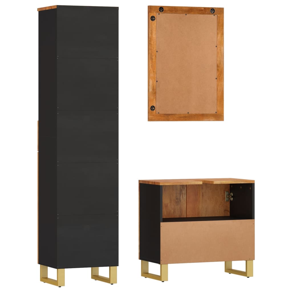 3 Piece Bathroom Cabinet Set Brown And Black Solid Wood Mango