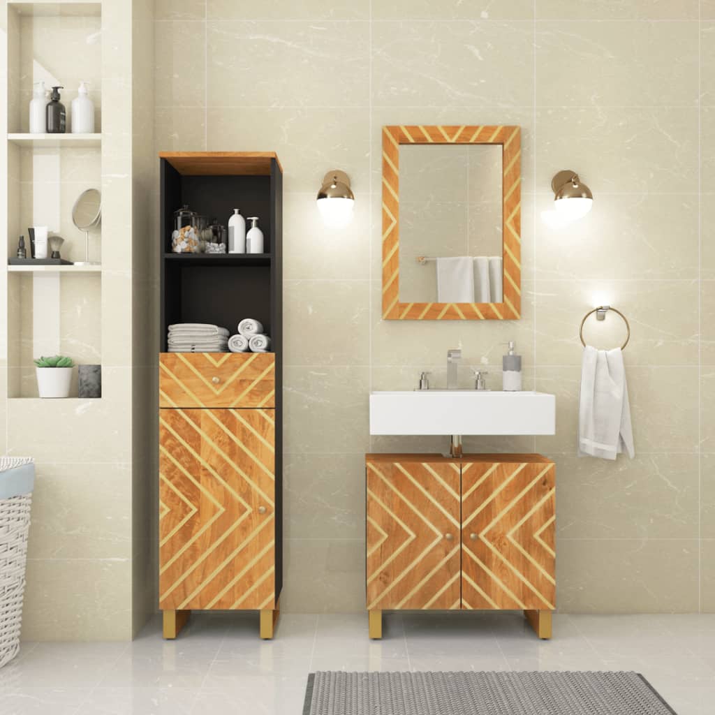 3 Piece Bathroom Cabinet Set Brown And Black Solid Wood Mango